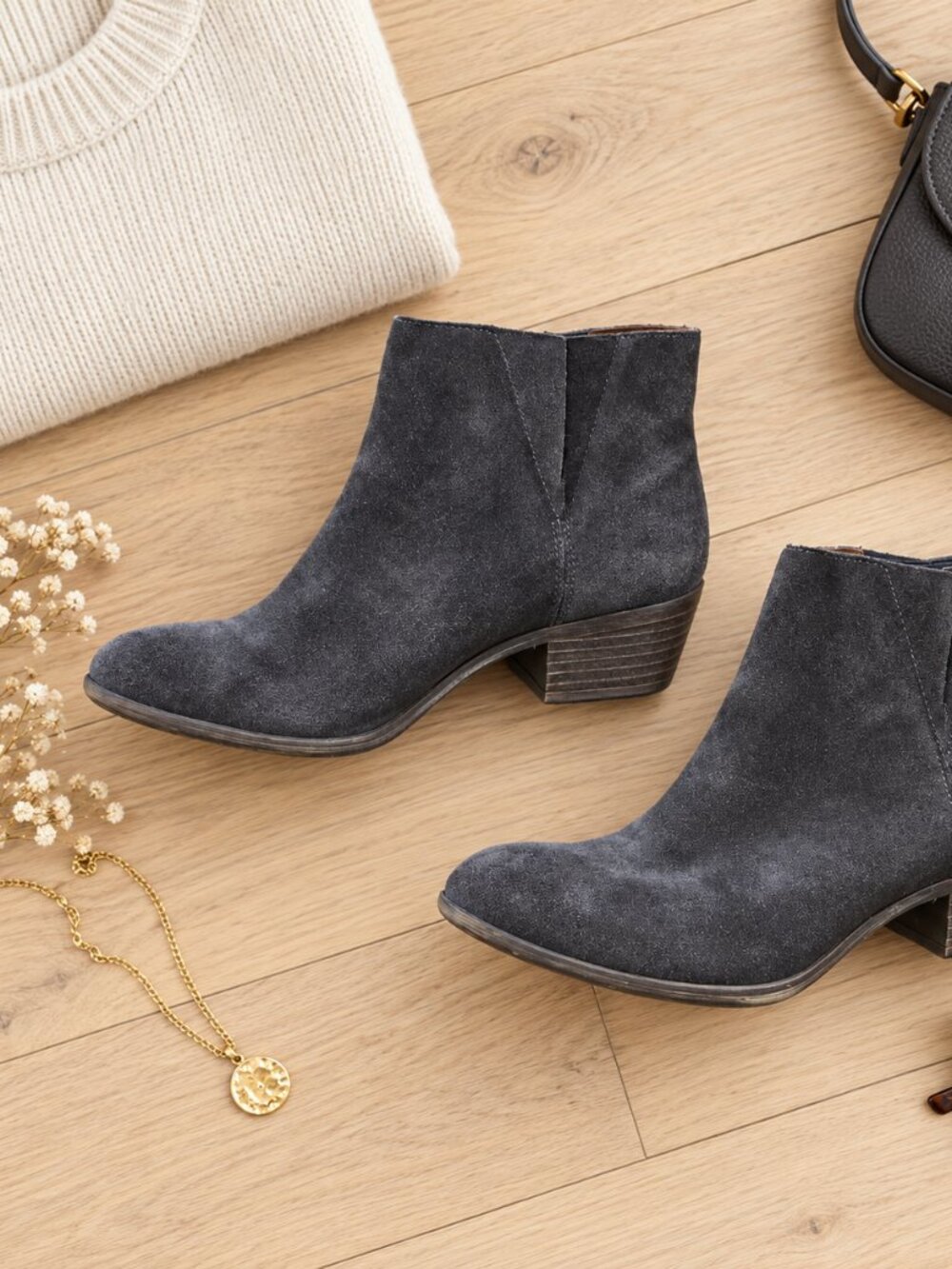✨Lucky Brand Charcoal Grey Suede Slip On Low Stacked Block Heel Booties 8.5✨